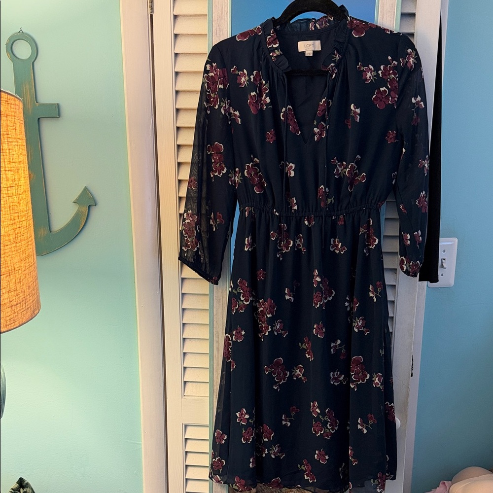 LOFT Black Long-Sleeve Floral Midi Dress with Burgundy Print